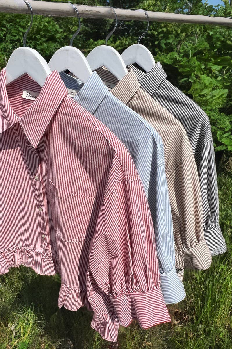 Pocket Detail Ruffle HemStriped Shirt