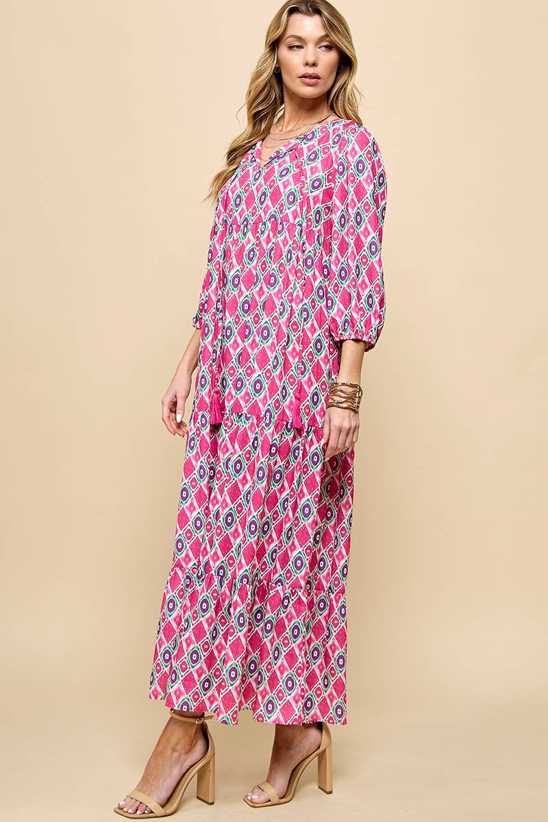 3/4 Lantern Sleeve Print Boho Maxi Dress