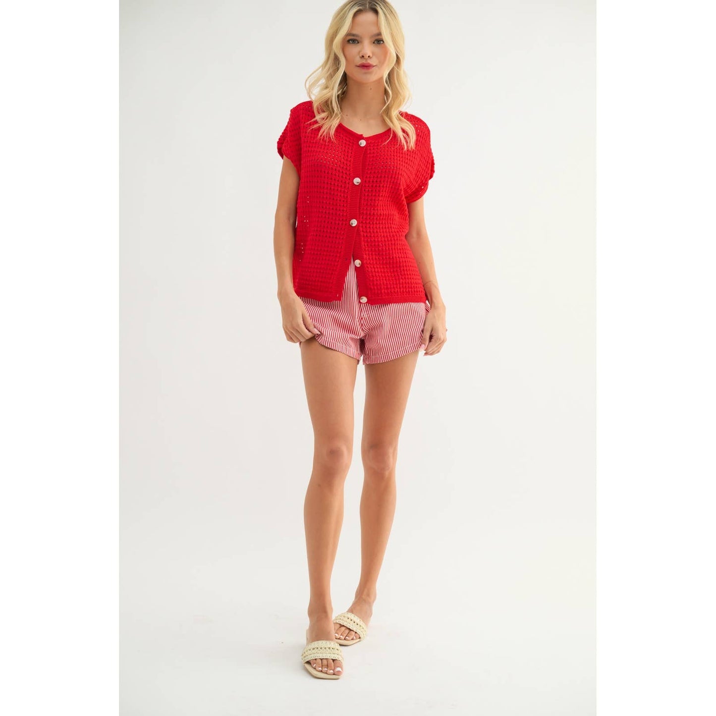 OPEN-KNIT BUTTON-UP SWEATER TOP