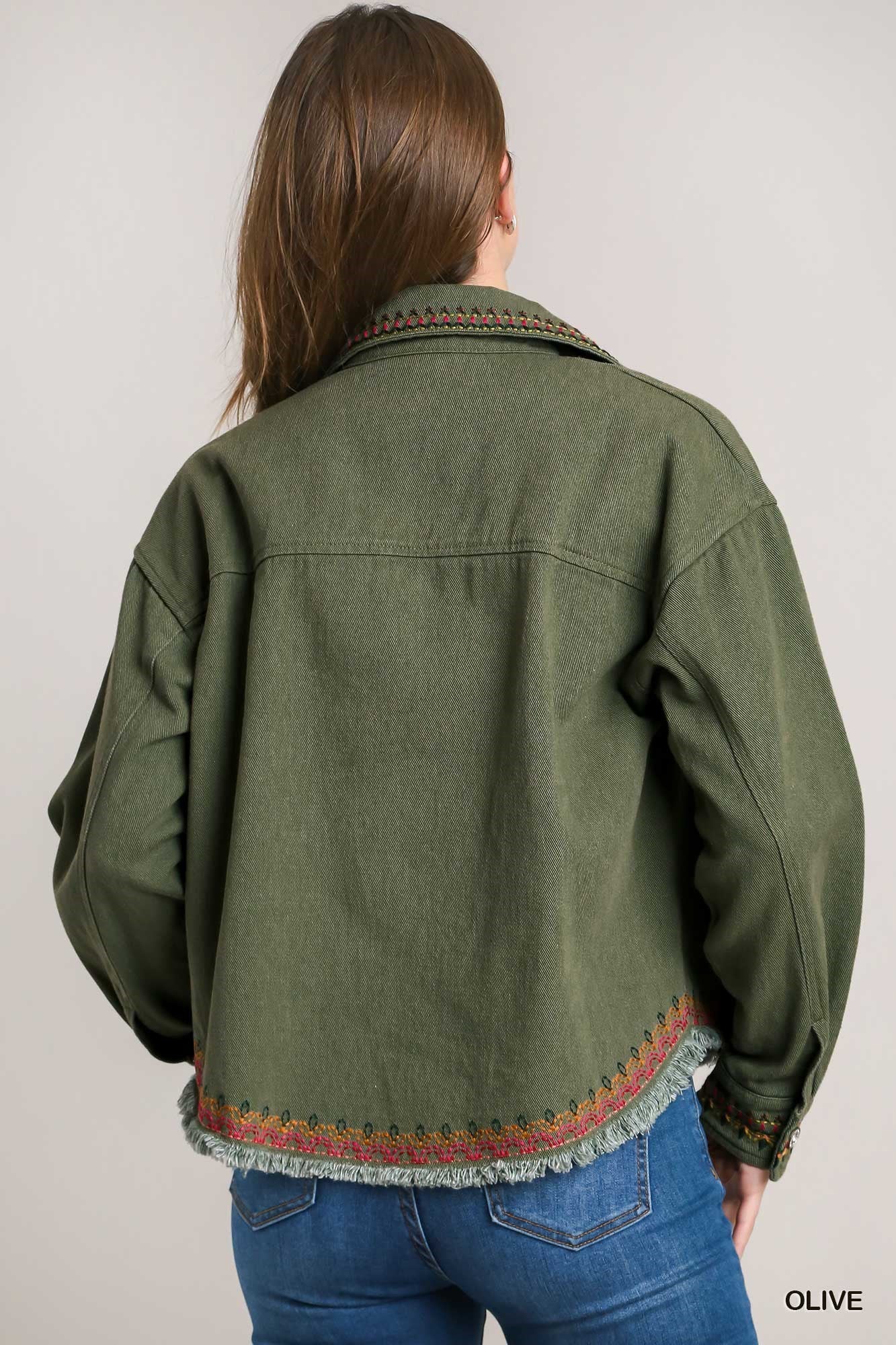 Solid Twill Jacket with Embroidery Detail