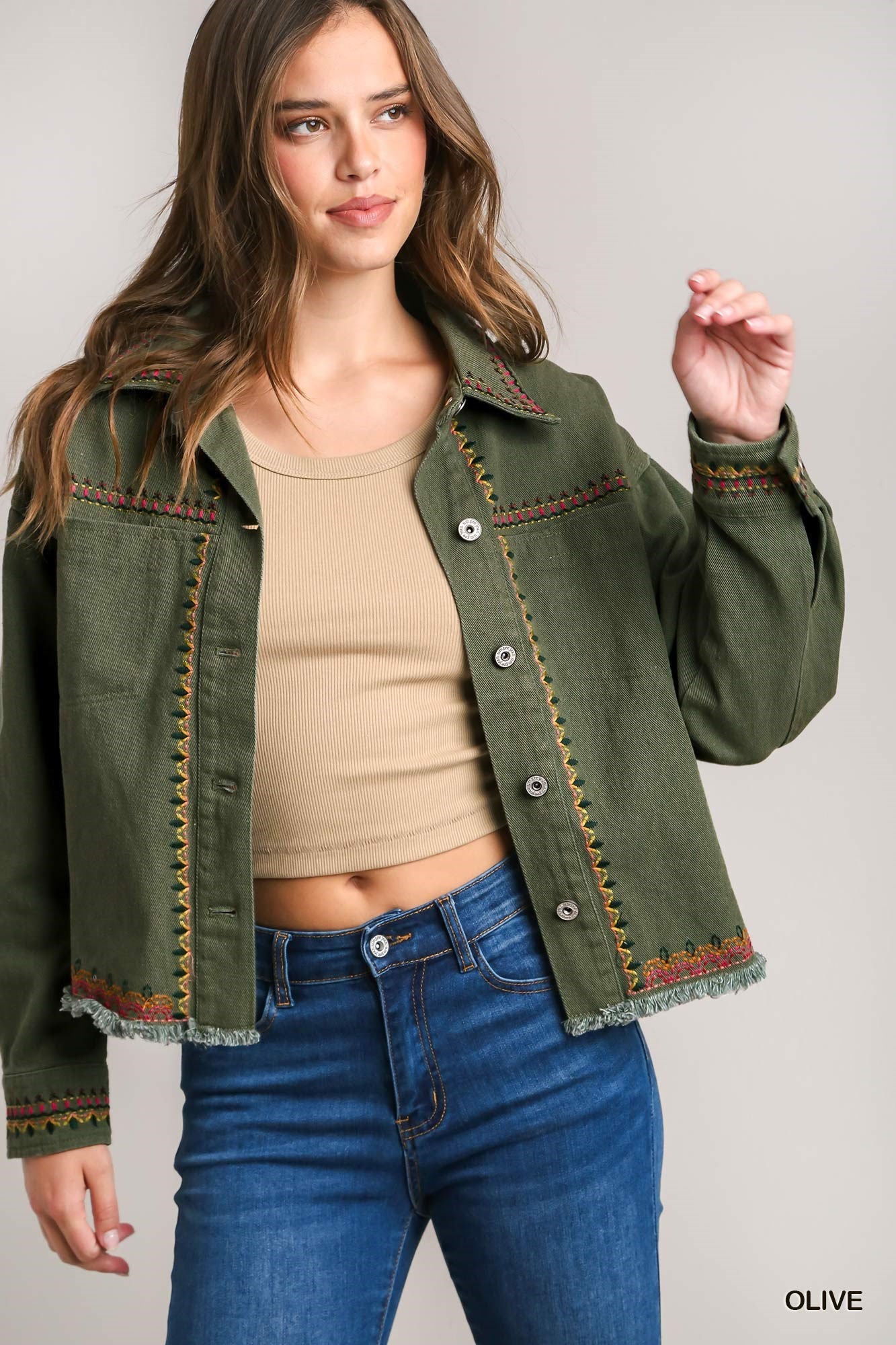 Solid Twill Jacket with Embroidery Detail