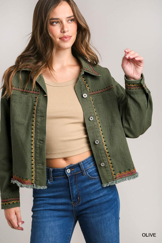 Solid Twill Jacket with Embroidery Detail