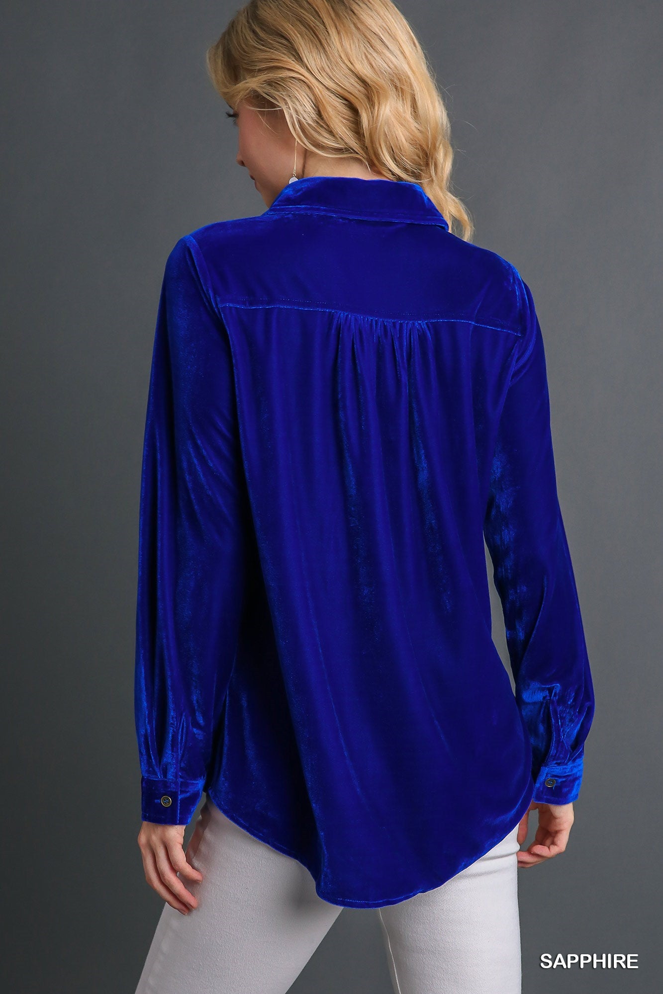 Long Sleeve Velvet Button Up Top with Pockets