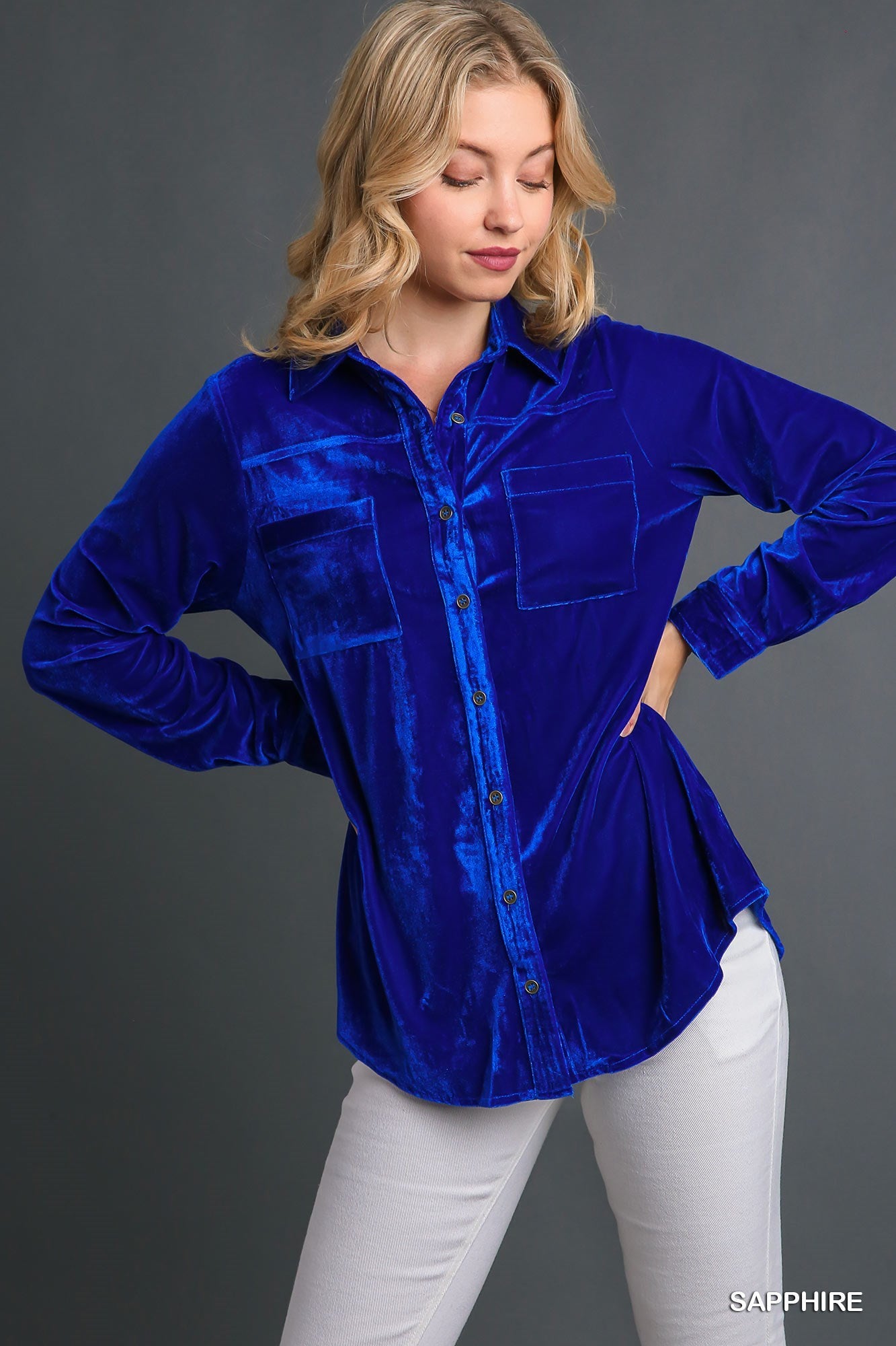 Long Sleeve Velvet Button Up Top with Pockets