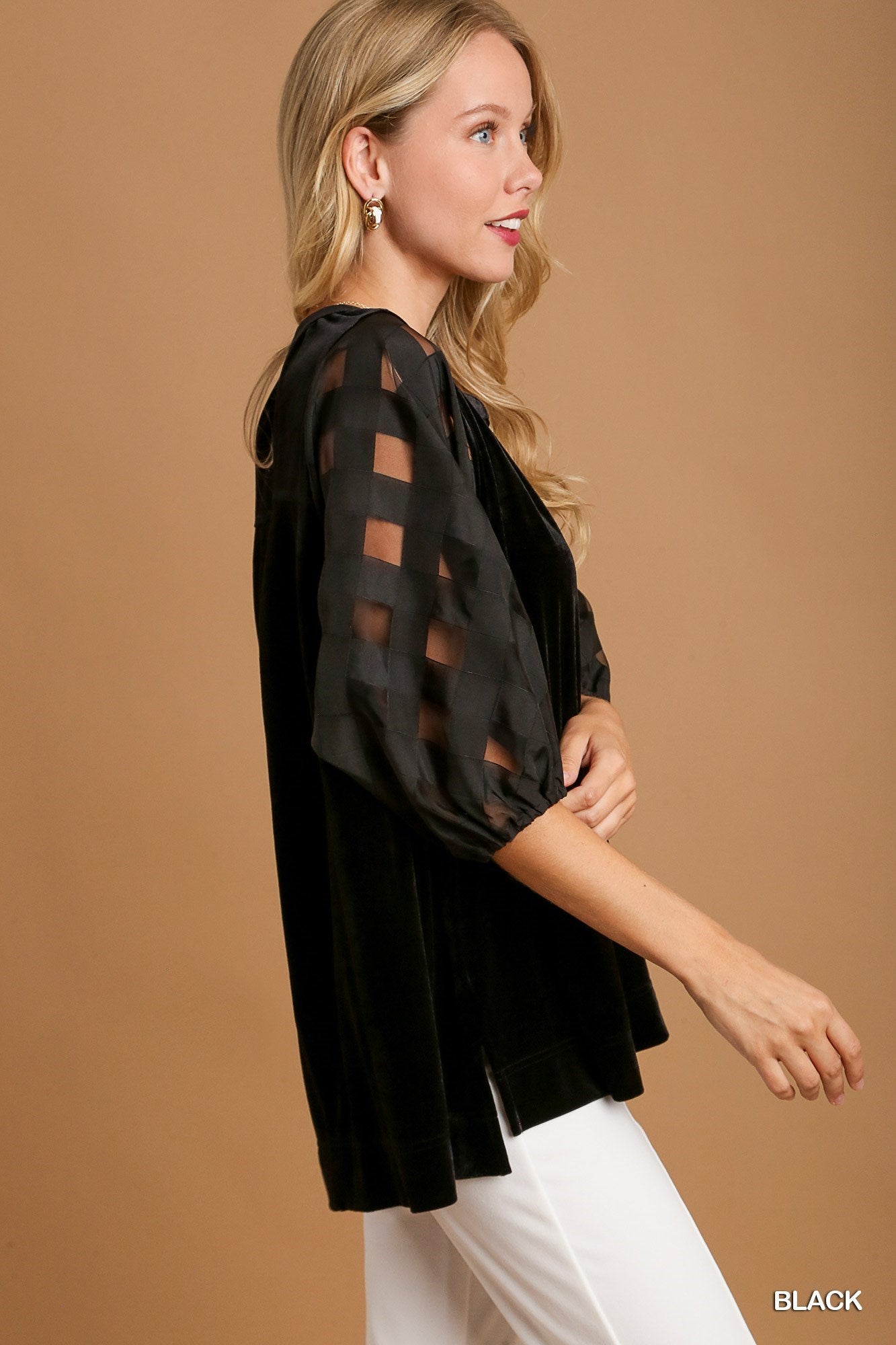 Velvet Top with Organza 3/4 puff sleeve