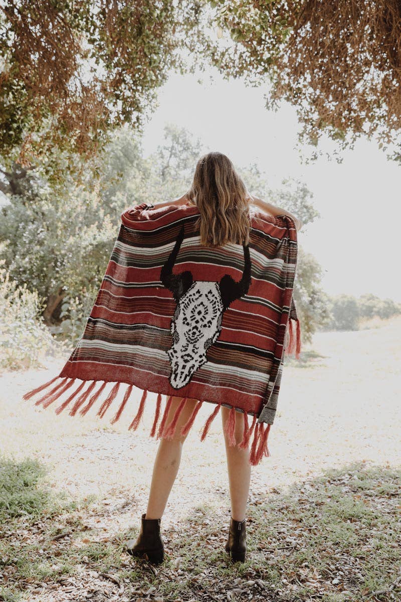 Bohemian Cow Skull Serape Kimono Red