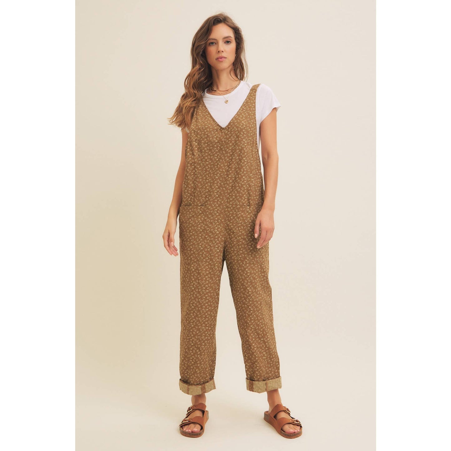 COTTON GARMENT WASHED DITSY FLORAL RELAXED FIT JUMPSUITS