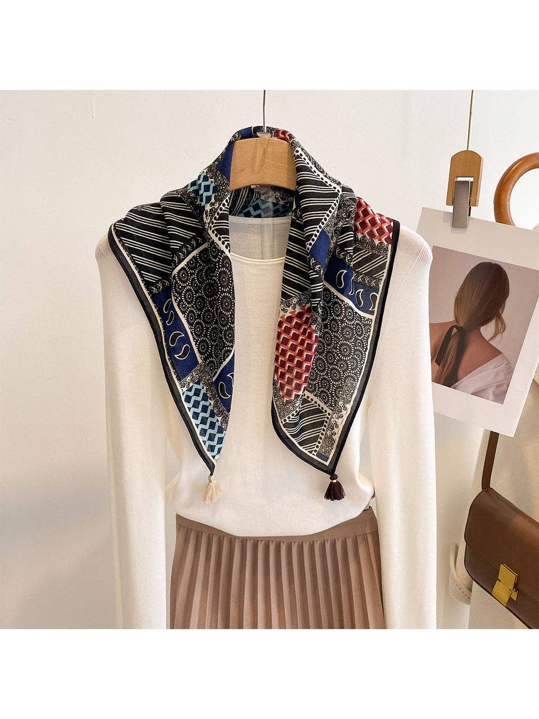 Spliced Print Tassel Square Scarf