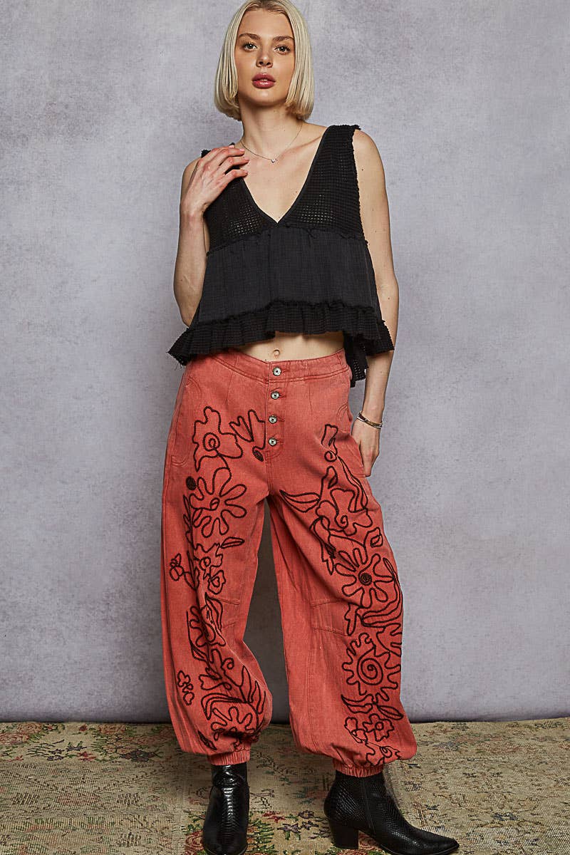 Floral embroidered  twill pants