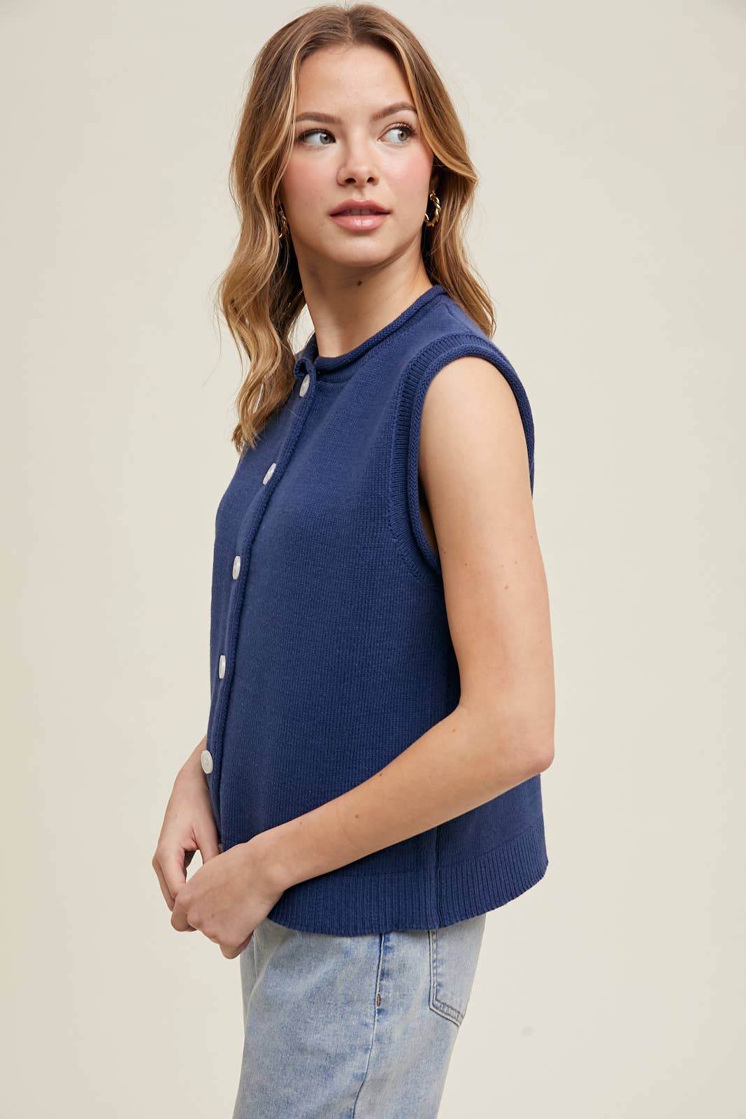 SWEATER BUTTON-UP VEST WITH ROLLED HEM DETAIL