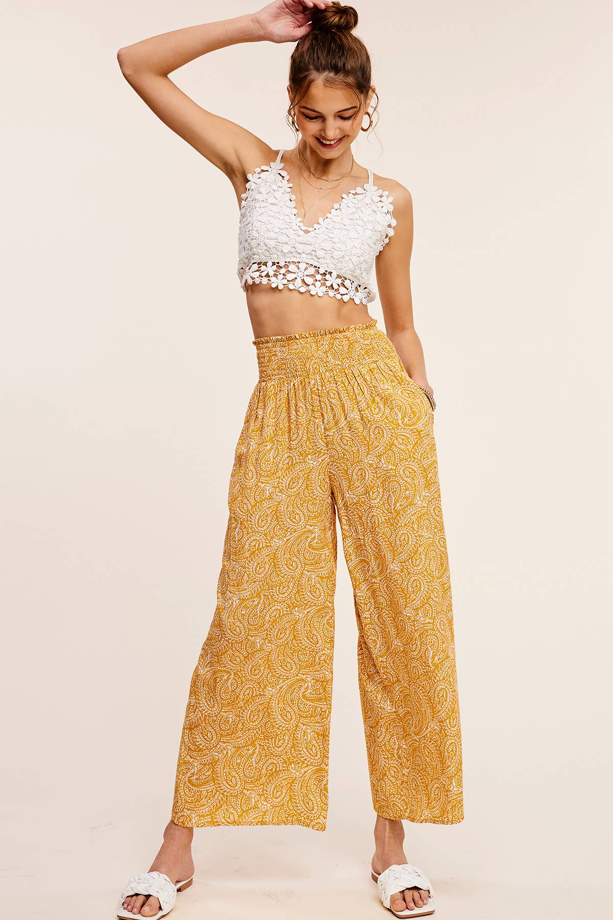 Boho Paisley Print Wide Leg Flowy Pants with Pockets