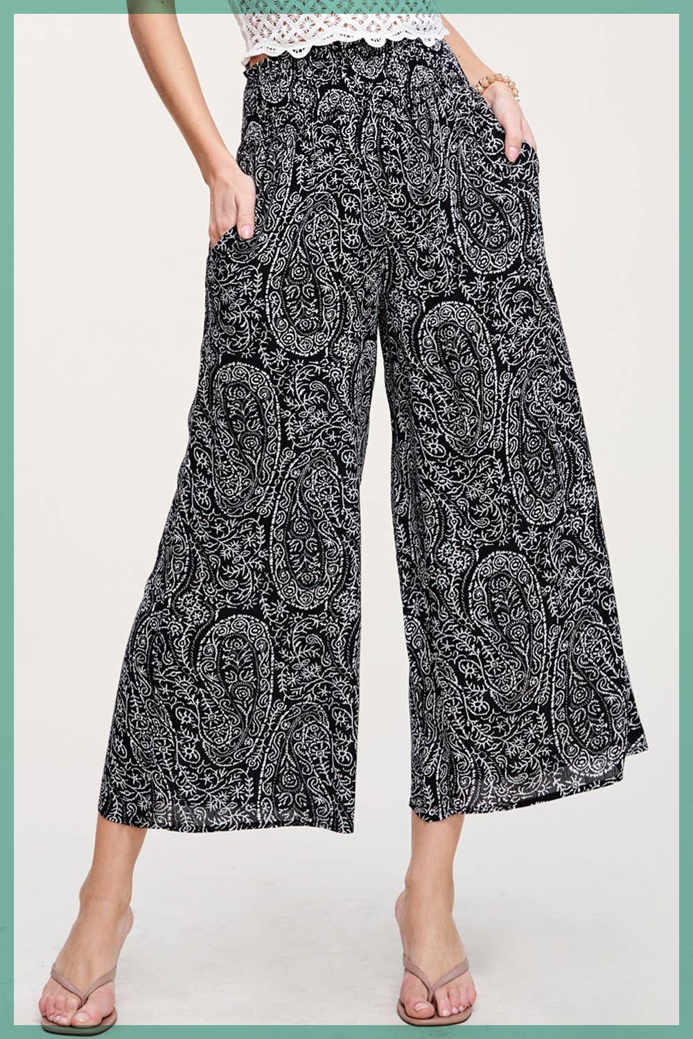Boho Paisley Print Wide Leg Flowy Pants with Pockets