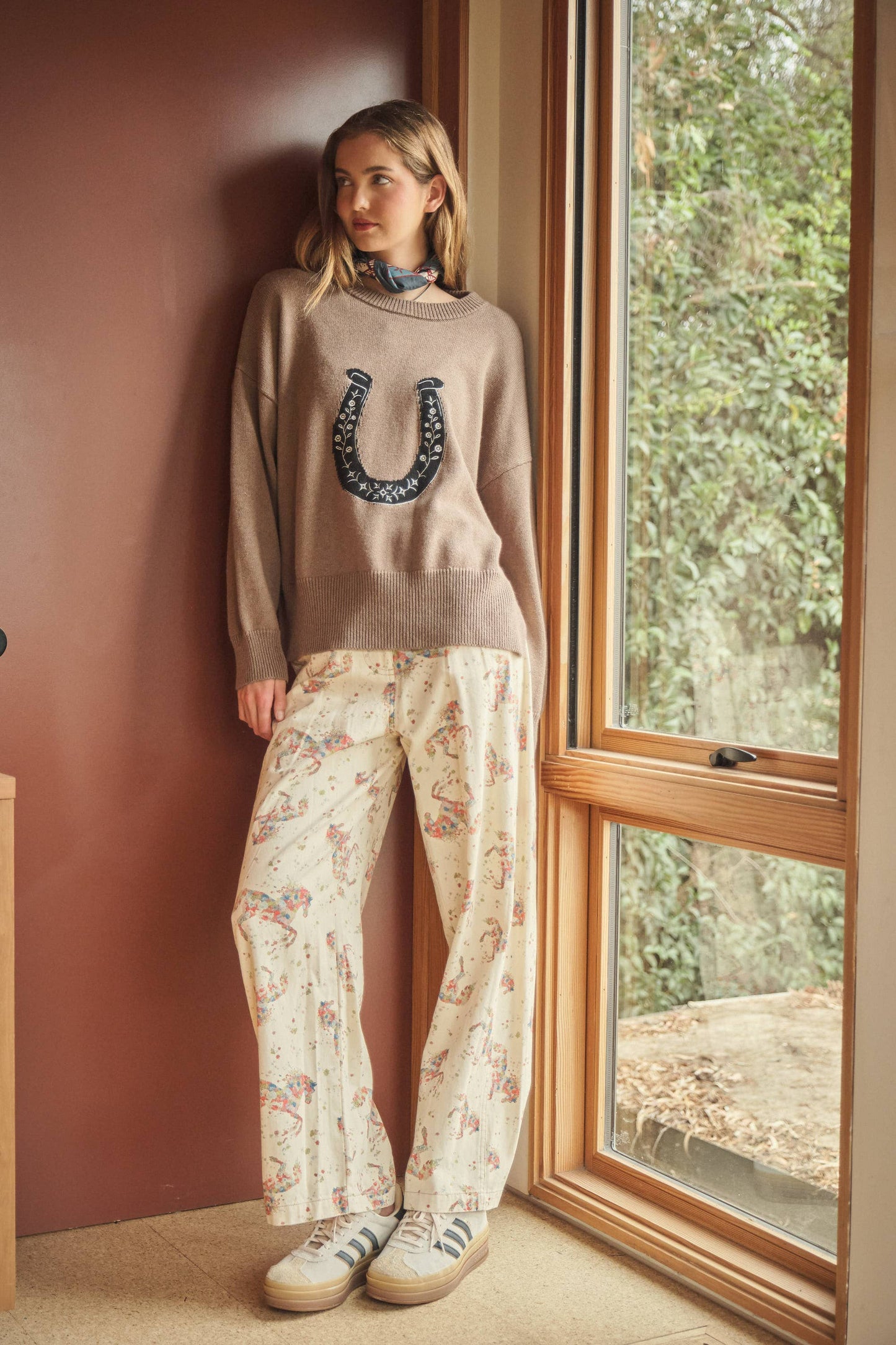 Floral Horse Print Relaxed Cotton Pants