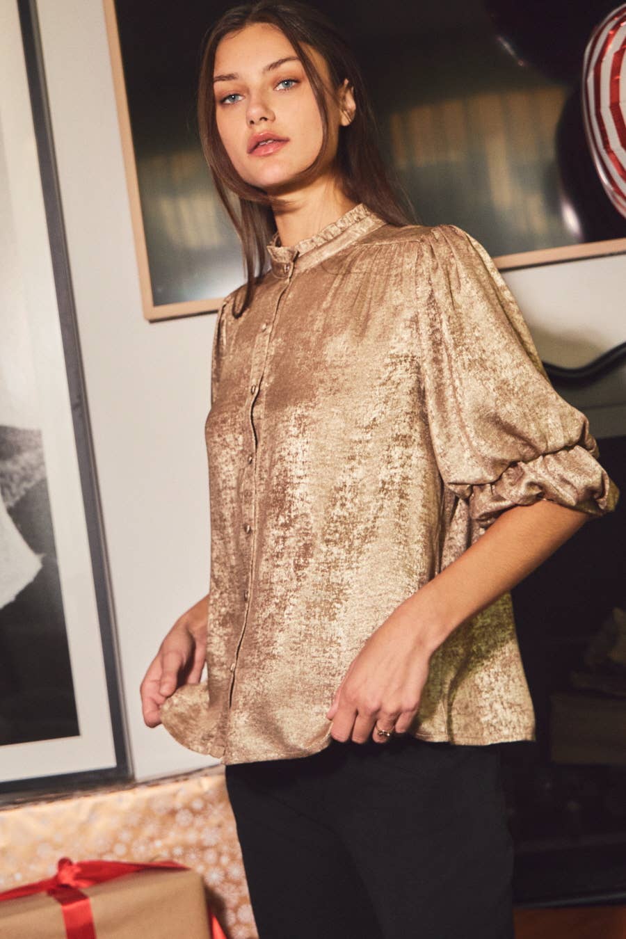 Shimmer Foiled Button Front Blouse