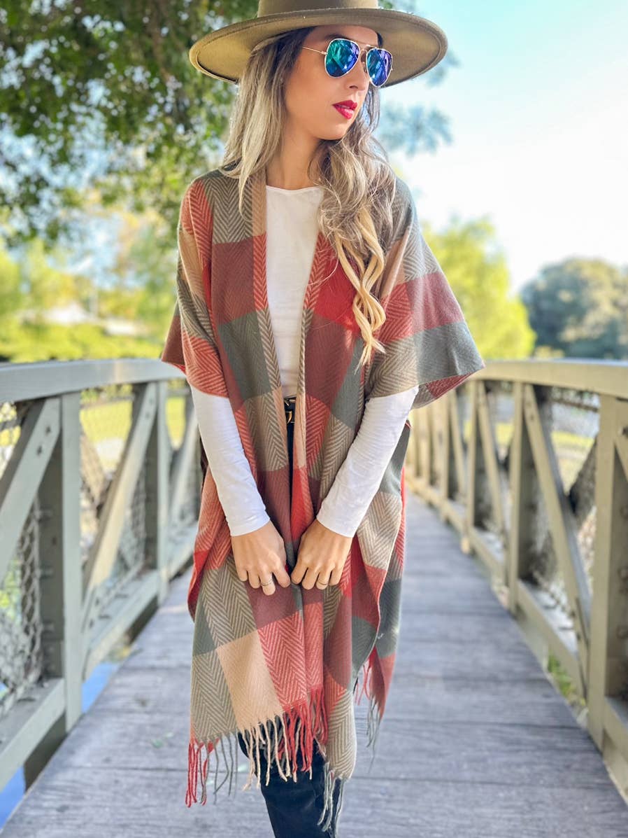 Elegant Rust  Check Plaid Ruana Cardigan with Tassels