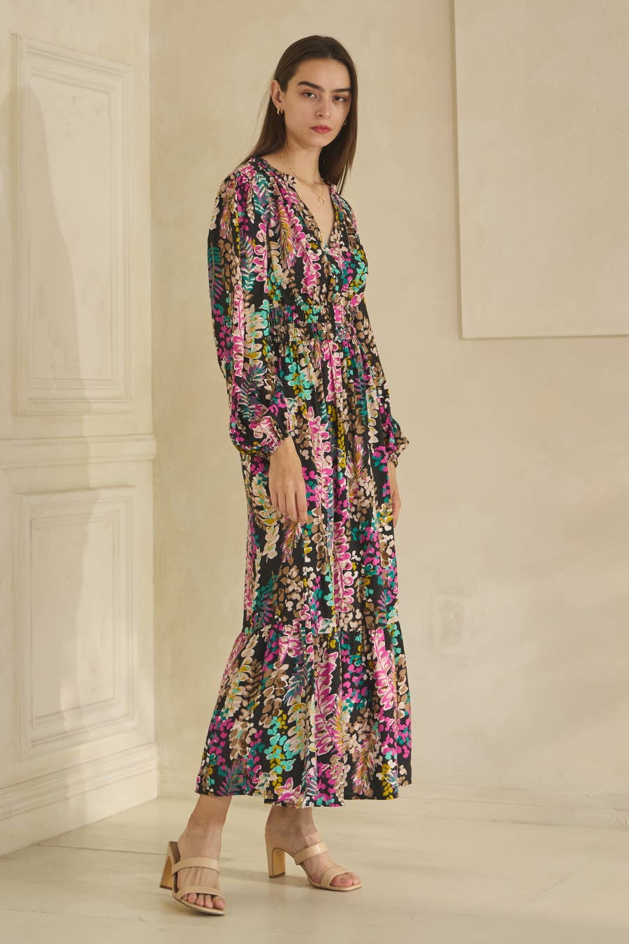 Colorful Floral Print Long Sleeve Maxi Dress