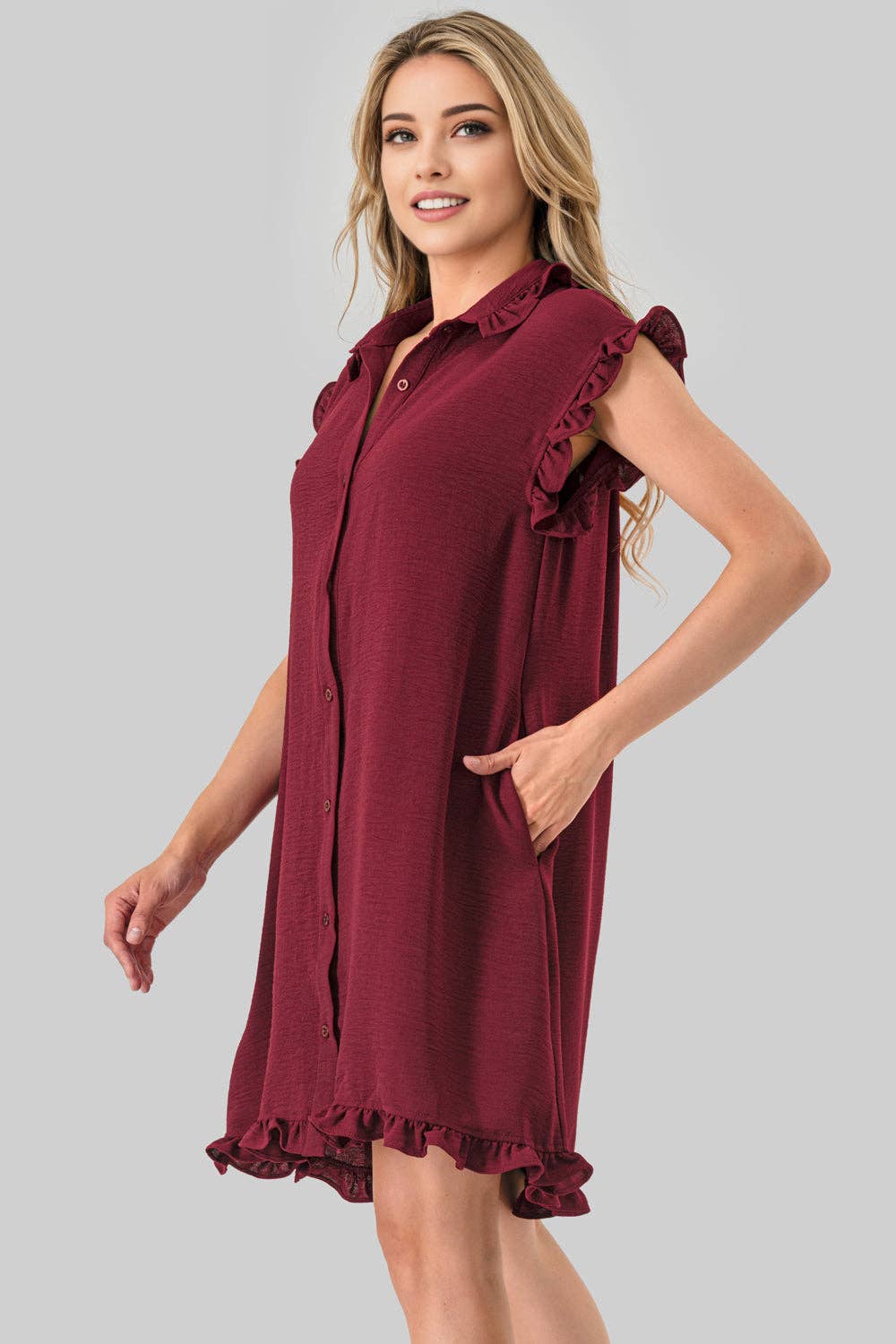 Mbd 6710 Avery Game Day Ruffle Button Down Dress Burgundy