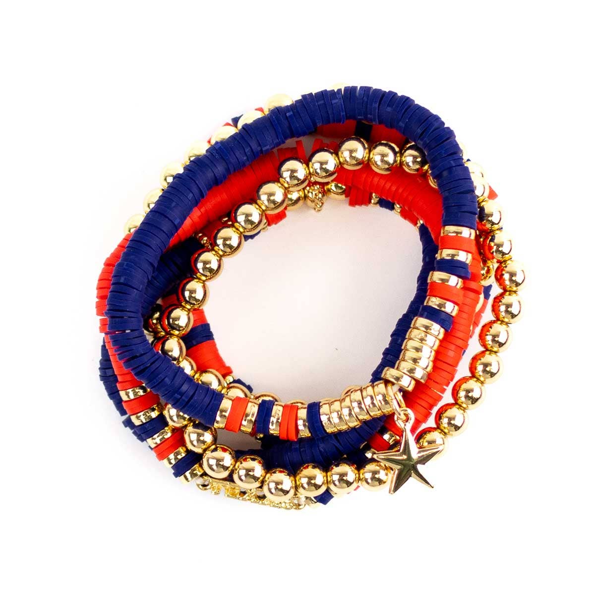Texas Bead Bracelet Stack   Red/Blue/Gold   7"