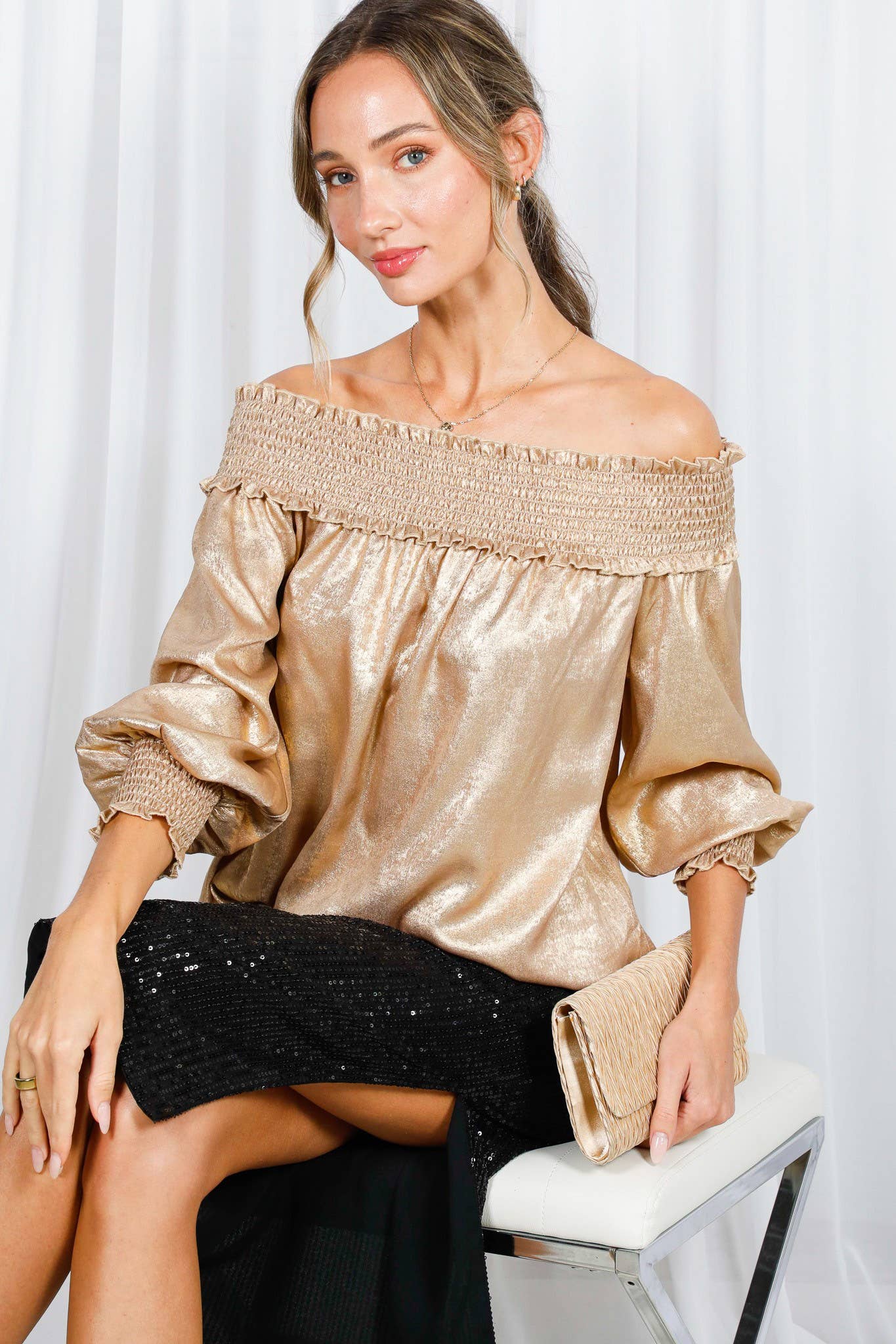 Metallic Woven Off-The-Shoulder Smocked Blouse