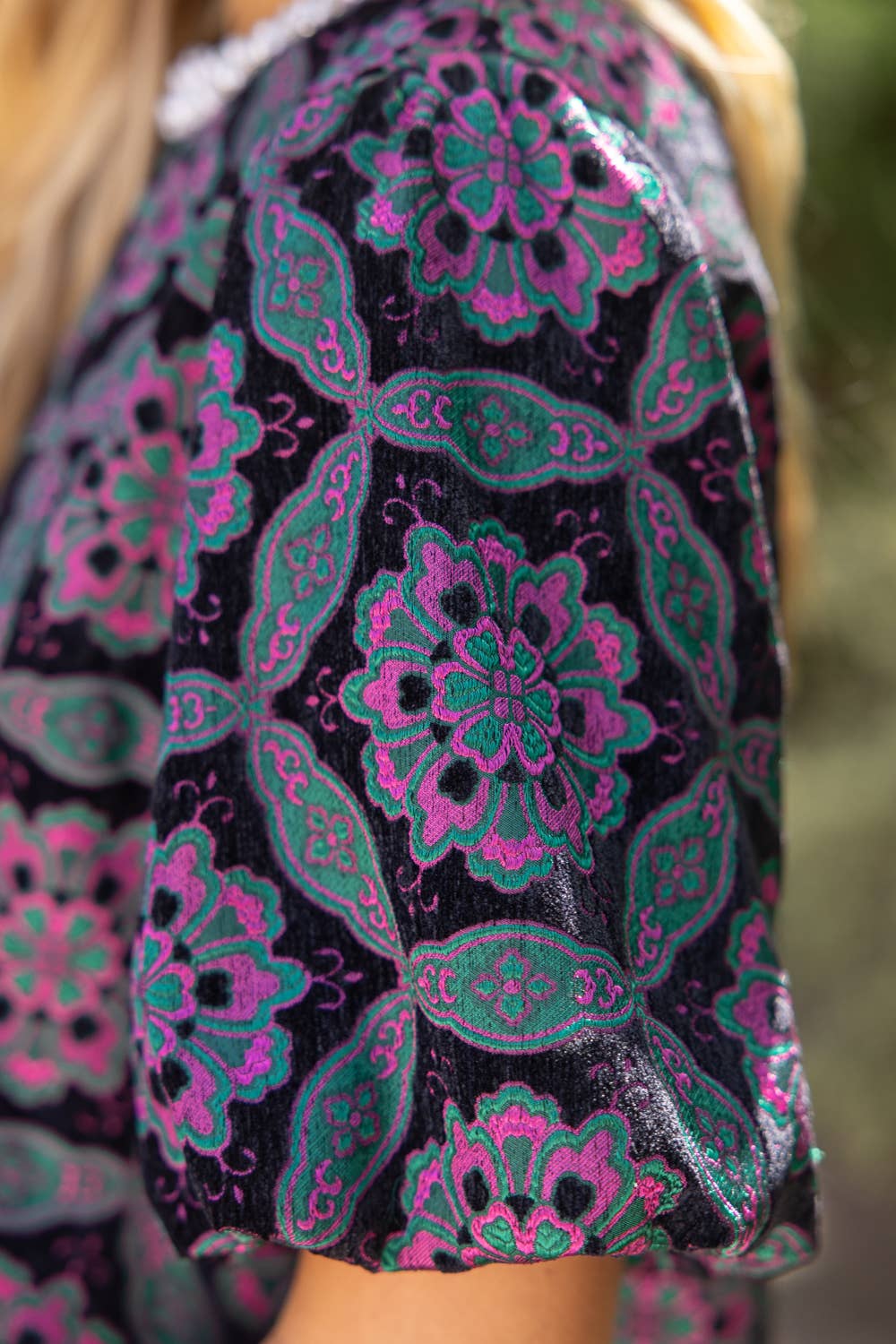Beaded Neckline Geometric Velvet Jacquard Dress