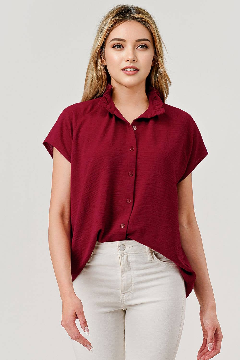Lila Button Down Short Sleeve Game Day Top Burgundy Mbt-9919