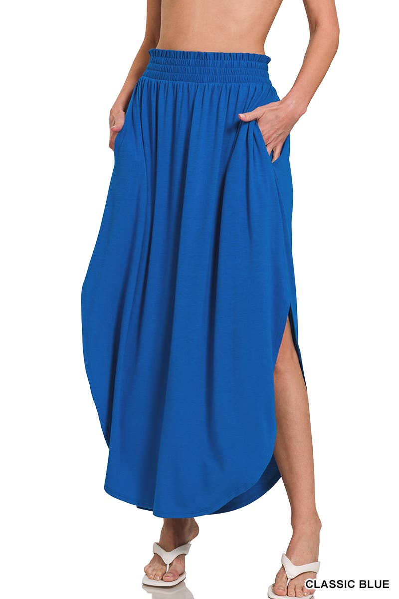 SMOCKED WAIST SIDE SLIT MAXI SKIRT WITH POCKETS