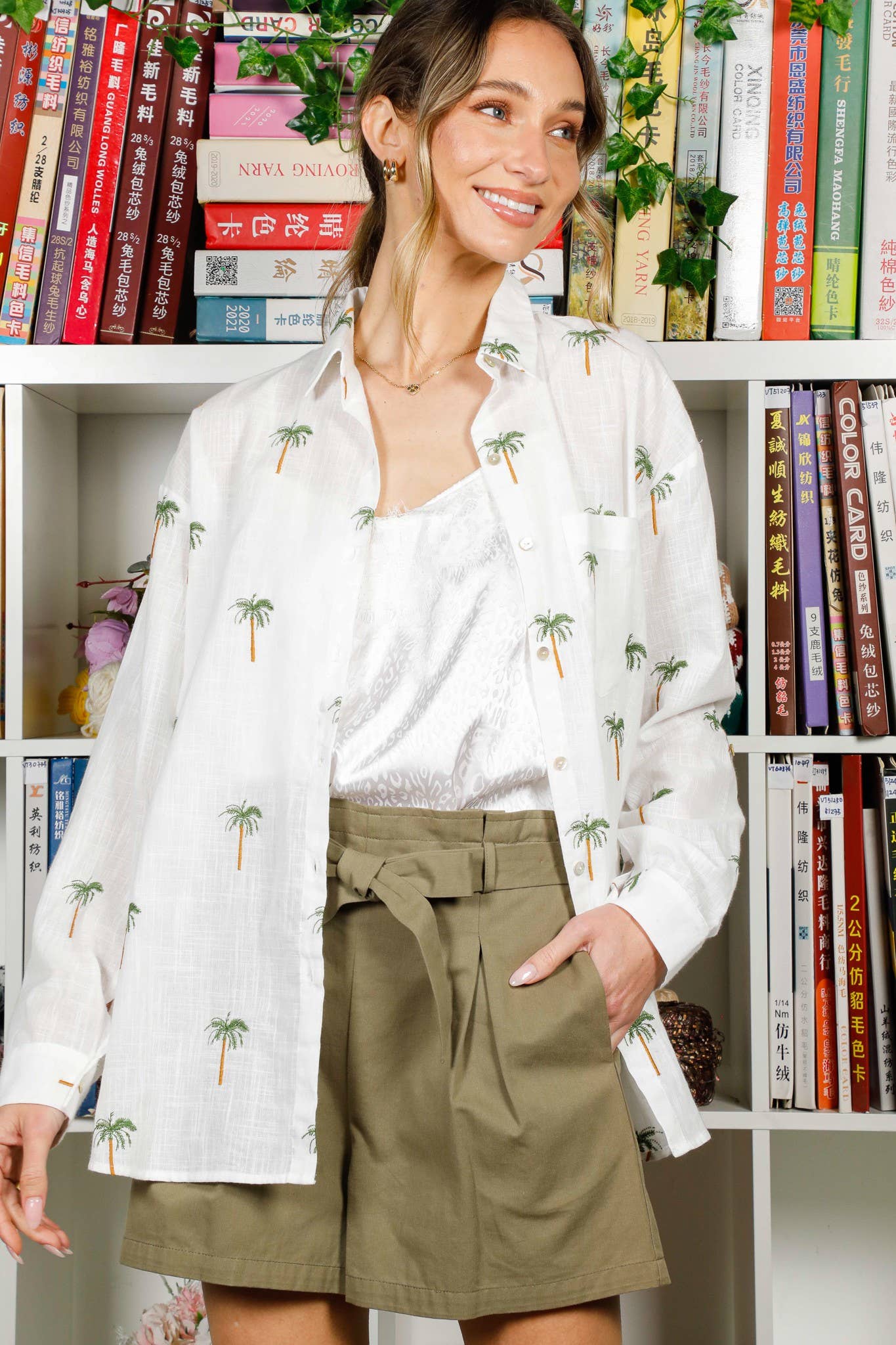 Collared Palm Tree Embroidered Blouse