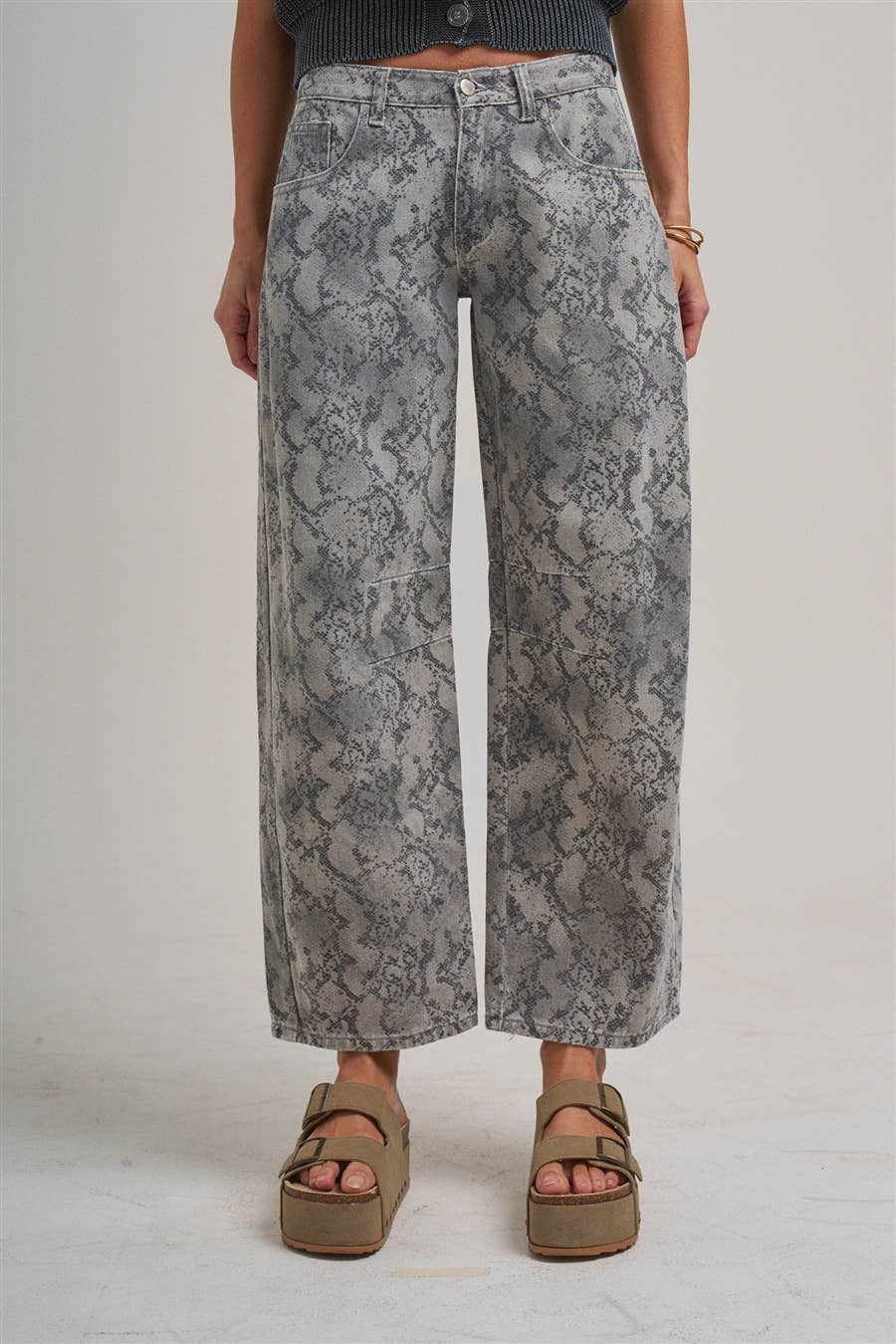 VINTAGE SNAKESKIN PRINT TWILL DENIM BARREL PANT