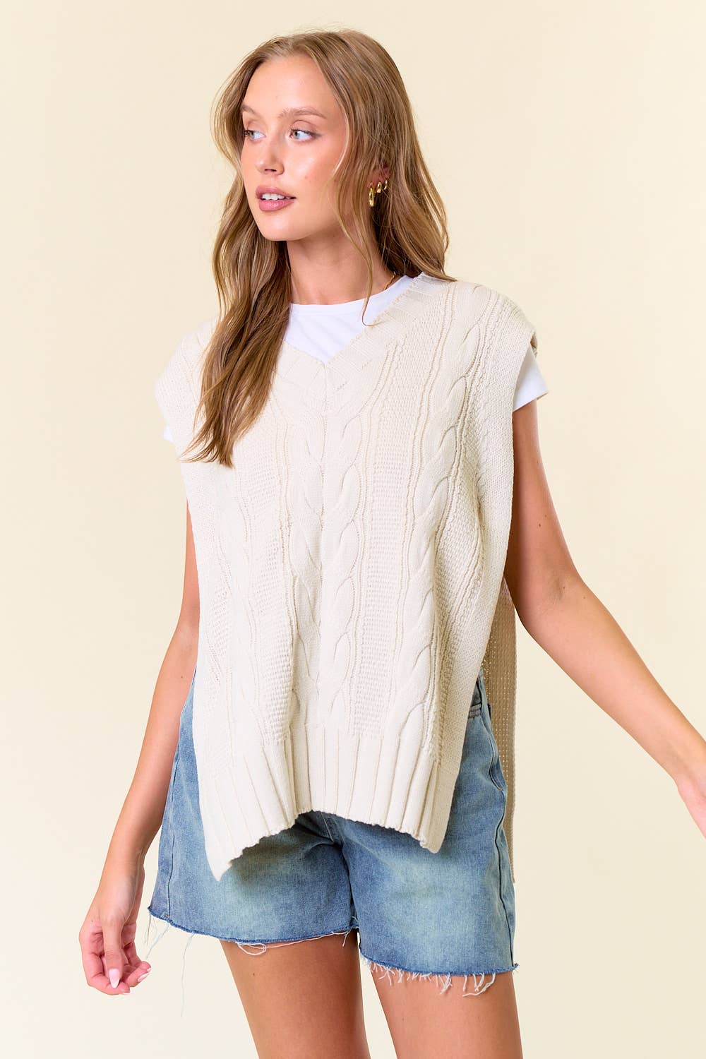 V-Neck Drop Shoulder Cable Sweater Vest