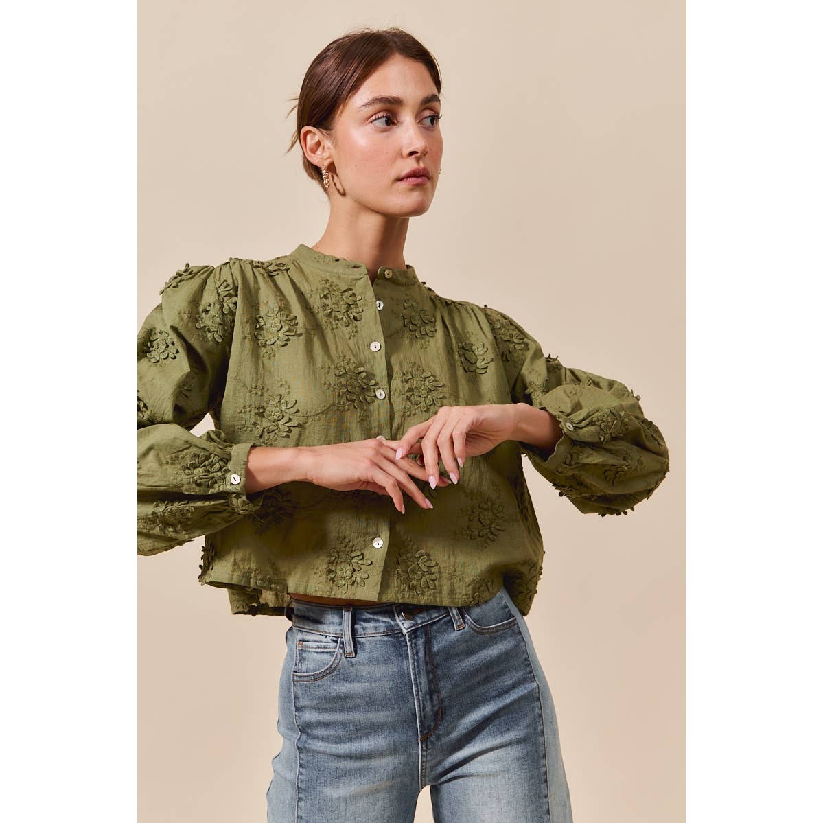 3D FLORAL WOVEN LONG SLEEVE FRONT BUTTON SHIRT