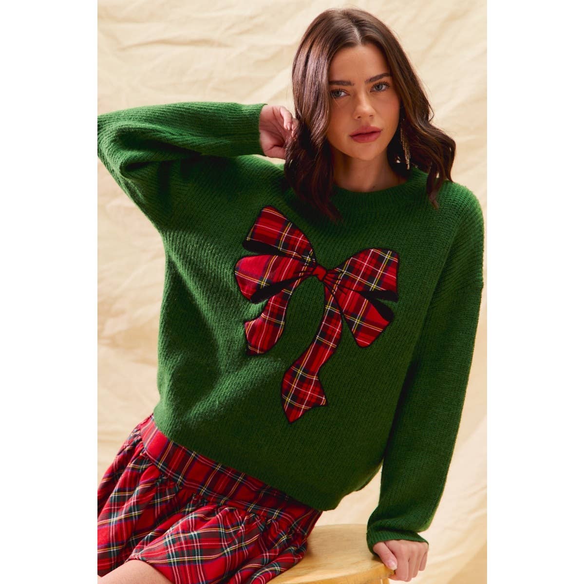 CHECKER PLAID RIBBON CHRISTMAS HOLIDAY SWEATER TOP