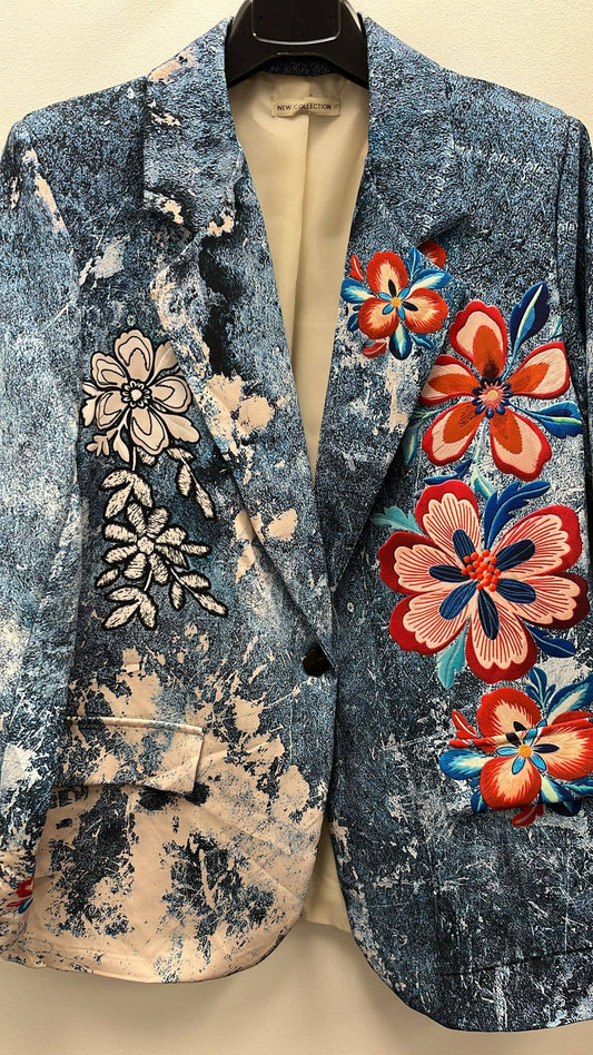 Italian Denim Floral Print Blazer