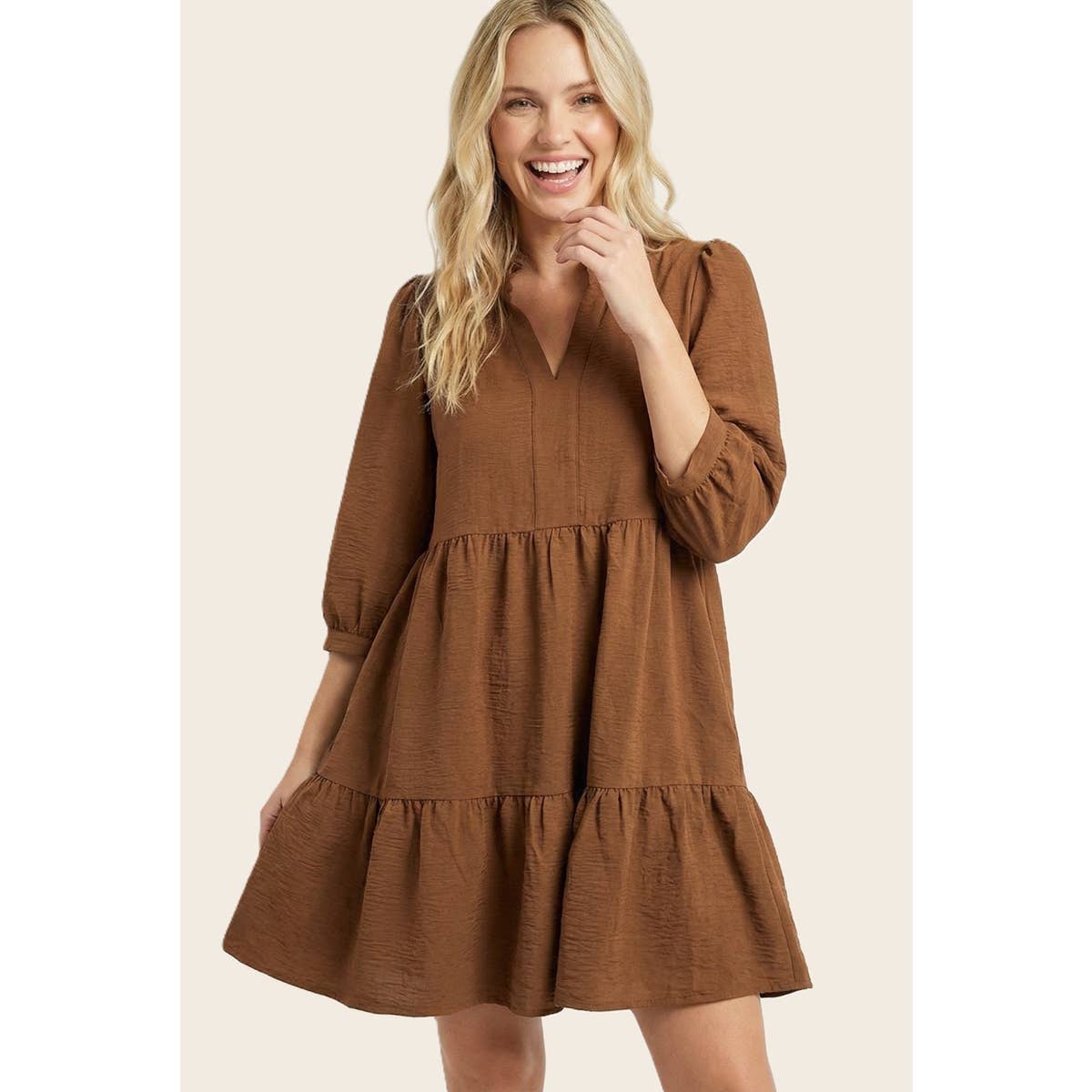 FRILLED SPLIT NECK TIERED DRESS
