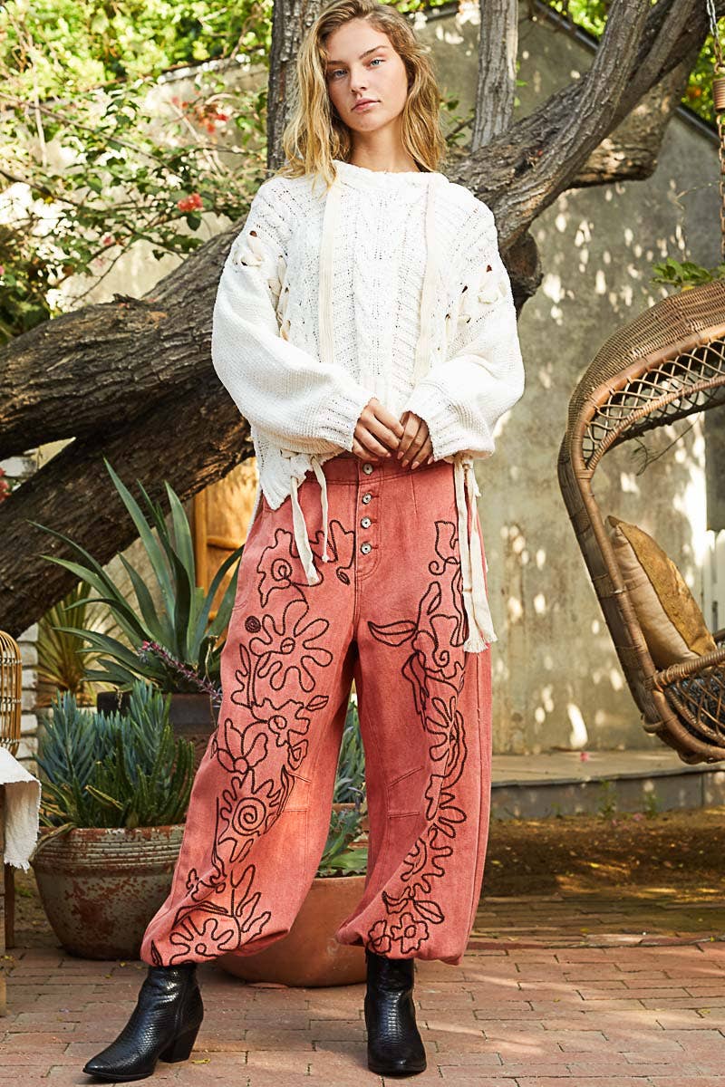 Floral embroidered  twill pants