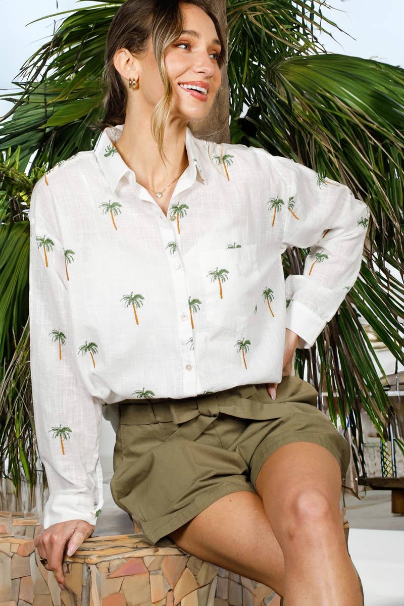 Collared Palm Tree Embroidered Blouse