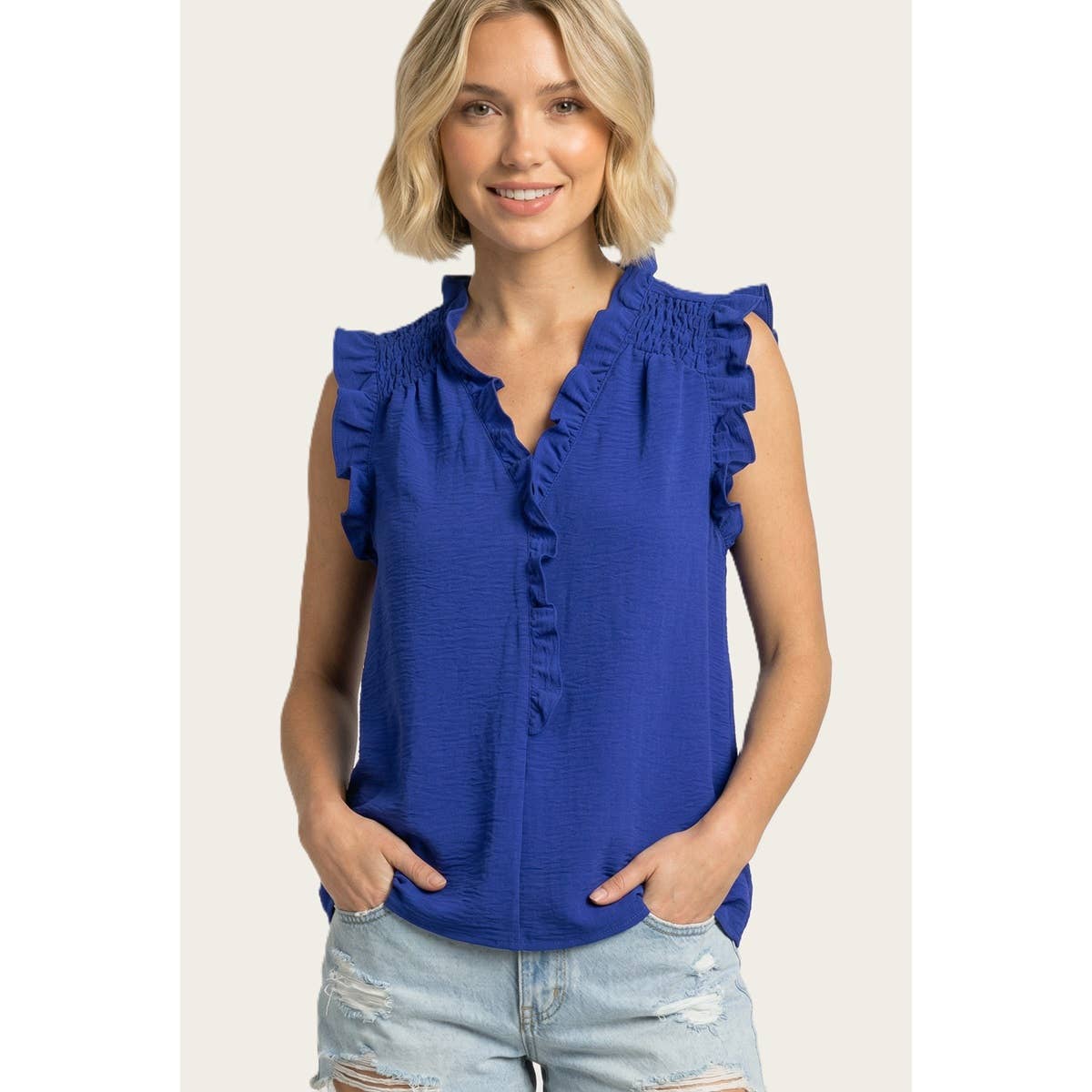 FRILLED Y SPLIT NECK SMOCKED SHOULDER TOP
