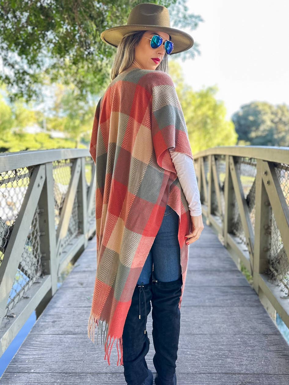 Elegant Rust  Check Plaid Ruana Cardigan with Tassels