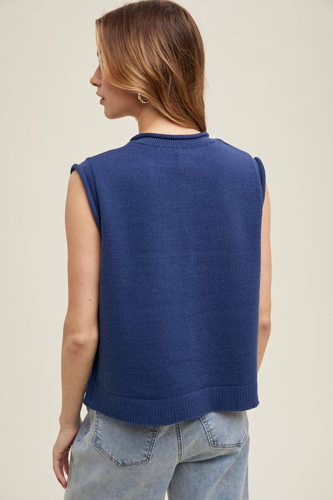 SWEATER BUTTON-UP VEST WITH ROLLED HEM DETAIL