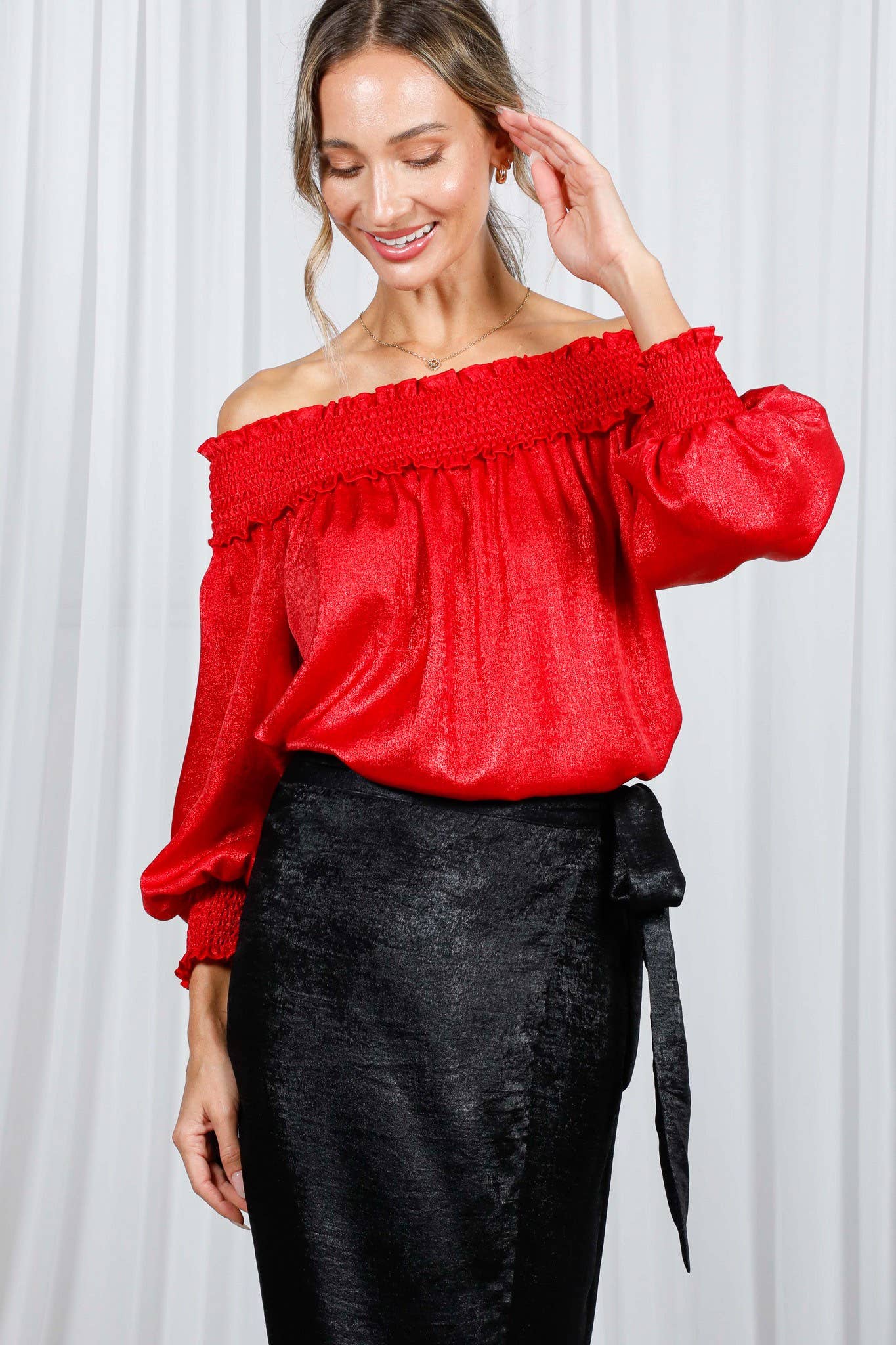 Metallic Woven Off-The-Shoulder Smocked Blouse