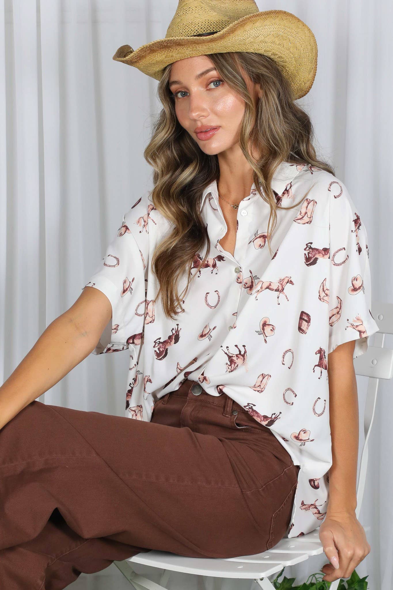 Western-Inspired Collared Button Front Shirt