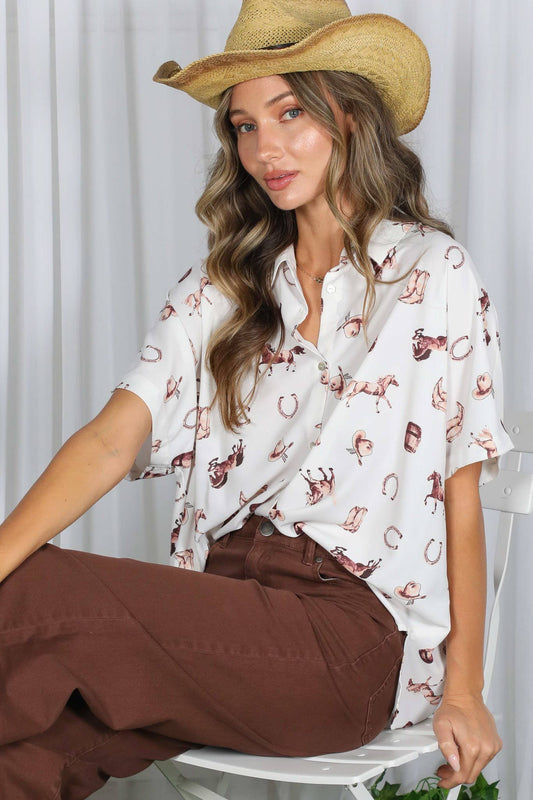 Western-Inspired Collared Button Front Shirt