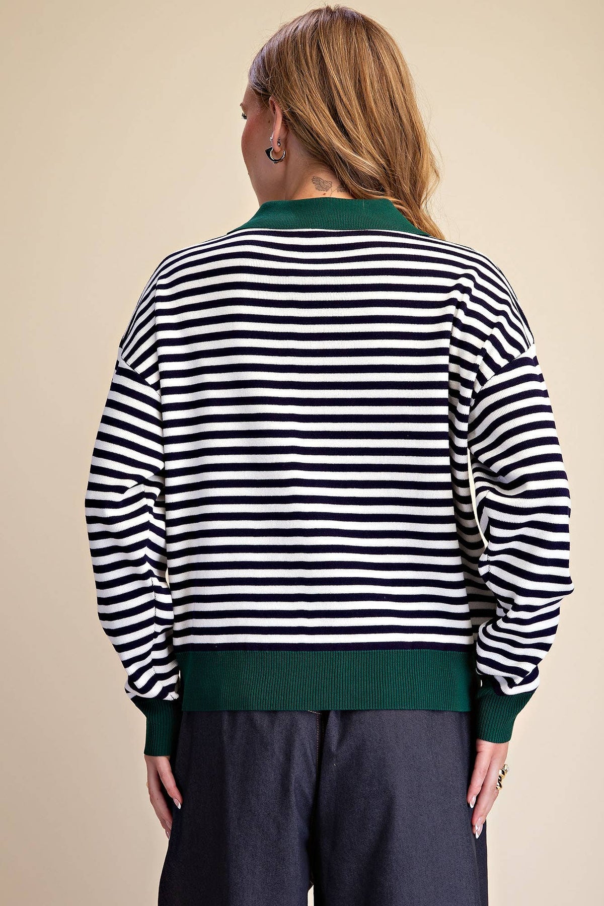 Collar Zip Neck Long Sleeve Stripe Sweater