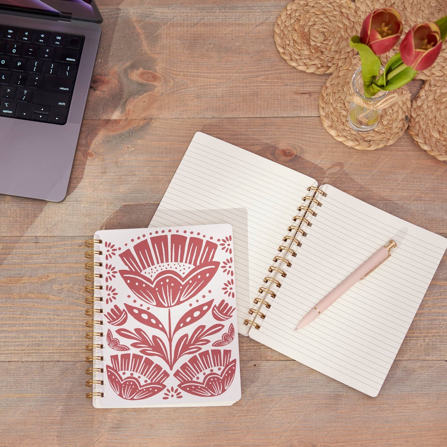 Red Folk Floral Spiral Notebook