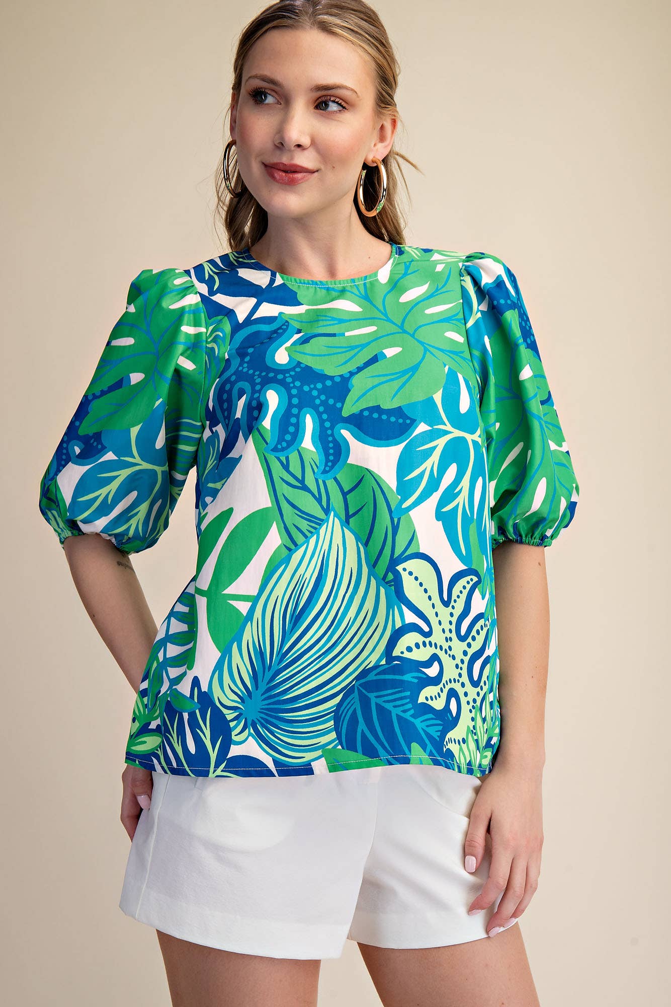 Puff Sleeve Tropical Printed Top