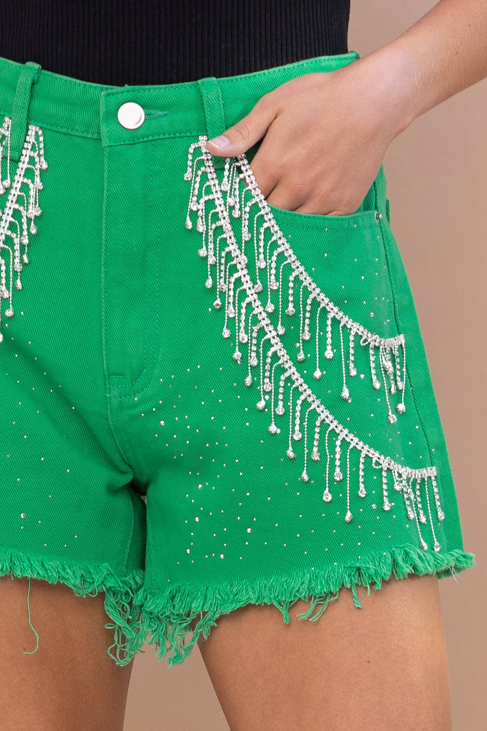 Sprinkle Gem Double Rhinestone Fringe Denim Shorts