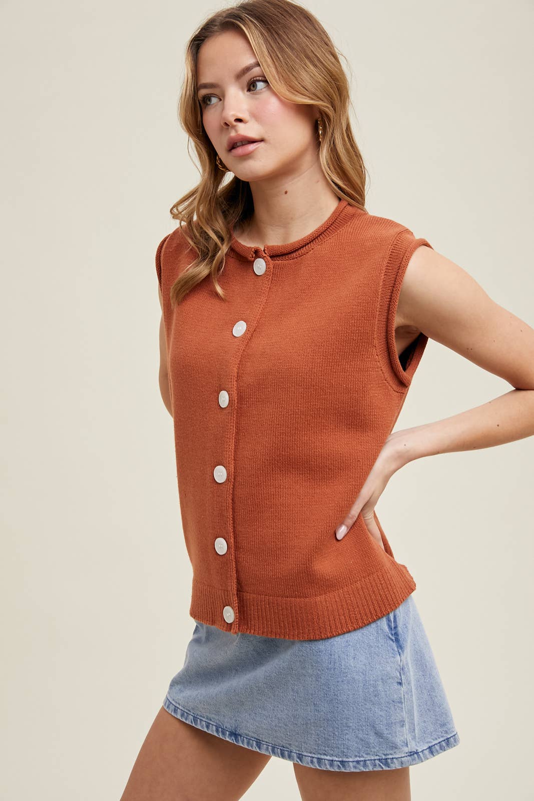 SWEATER BUTTON-UP VEST WITH ROLLED HEM DETAIL