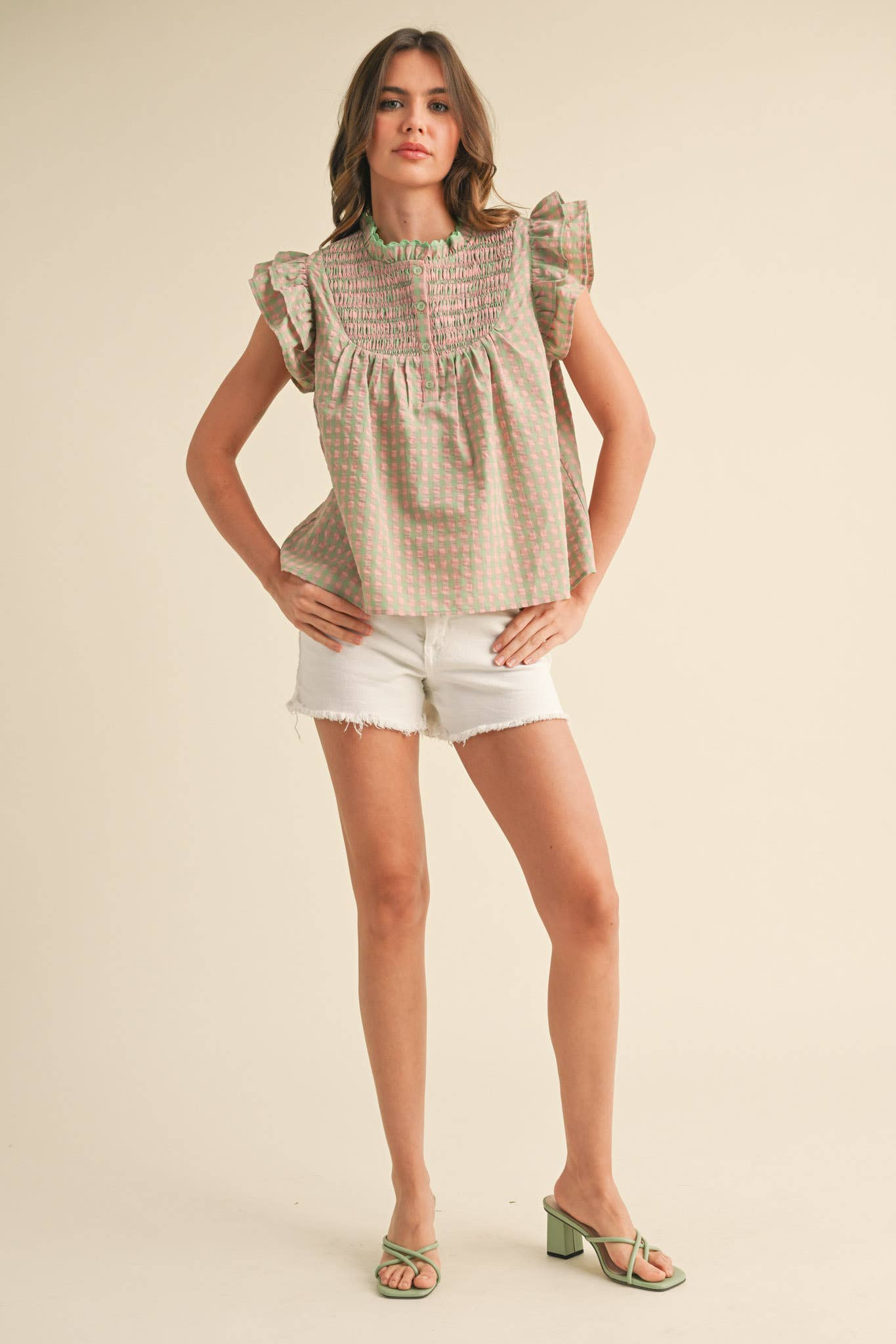 GINGHAM FLUTTER SLEEVE TOP