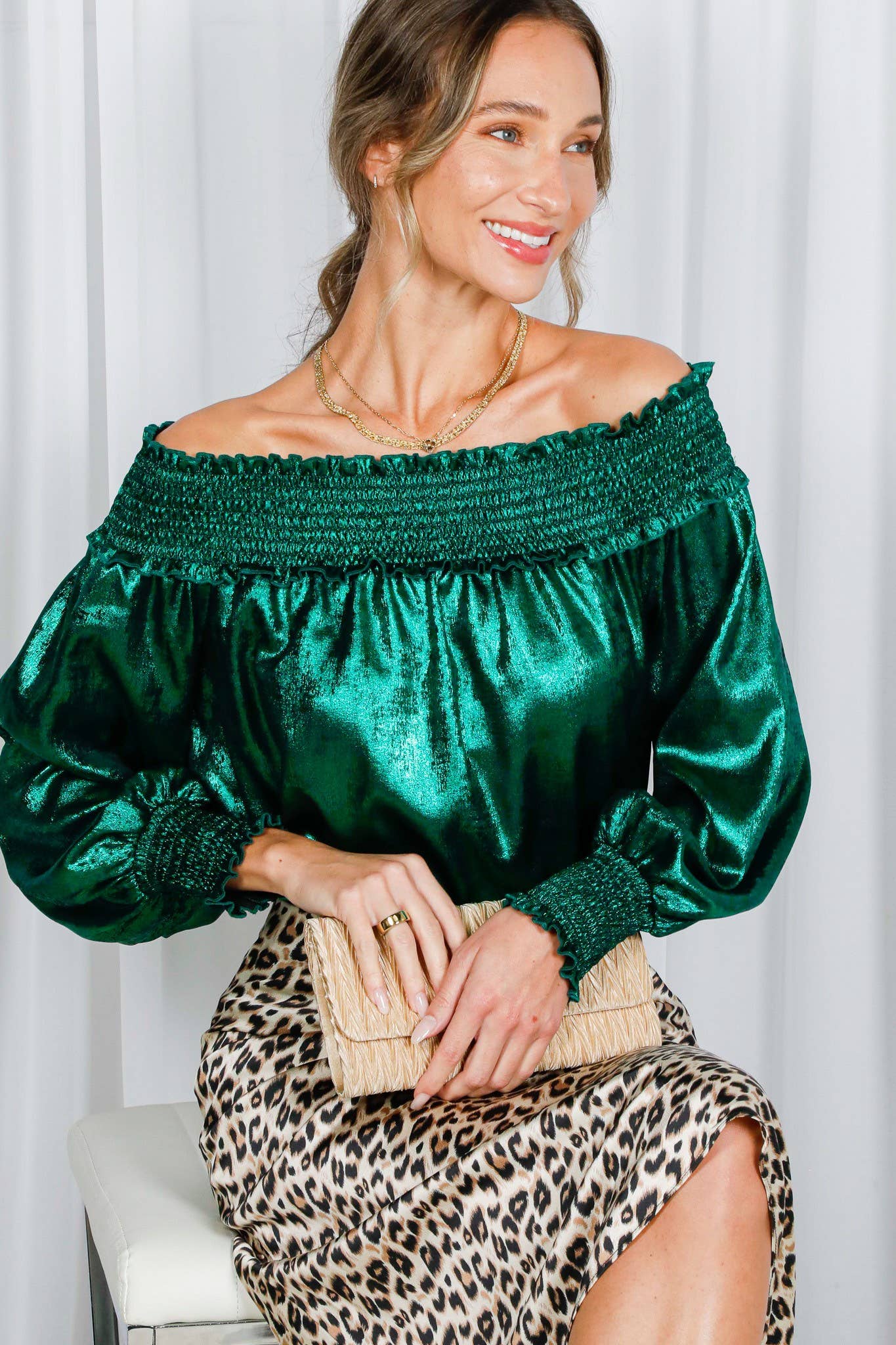 Metallic Woven Off-The-Shoulder Smocked Blouse