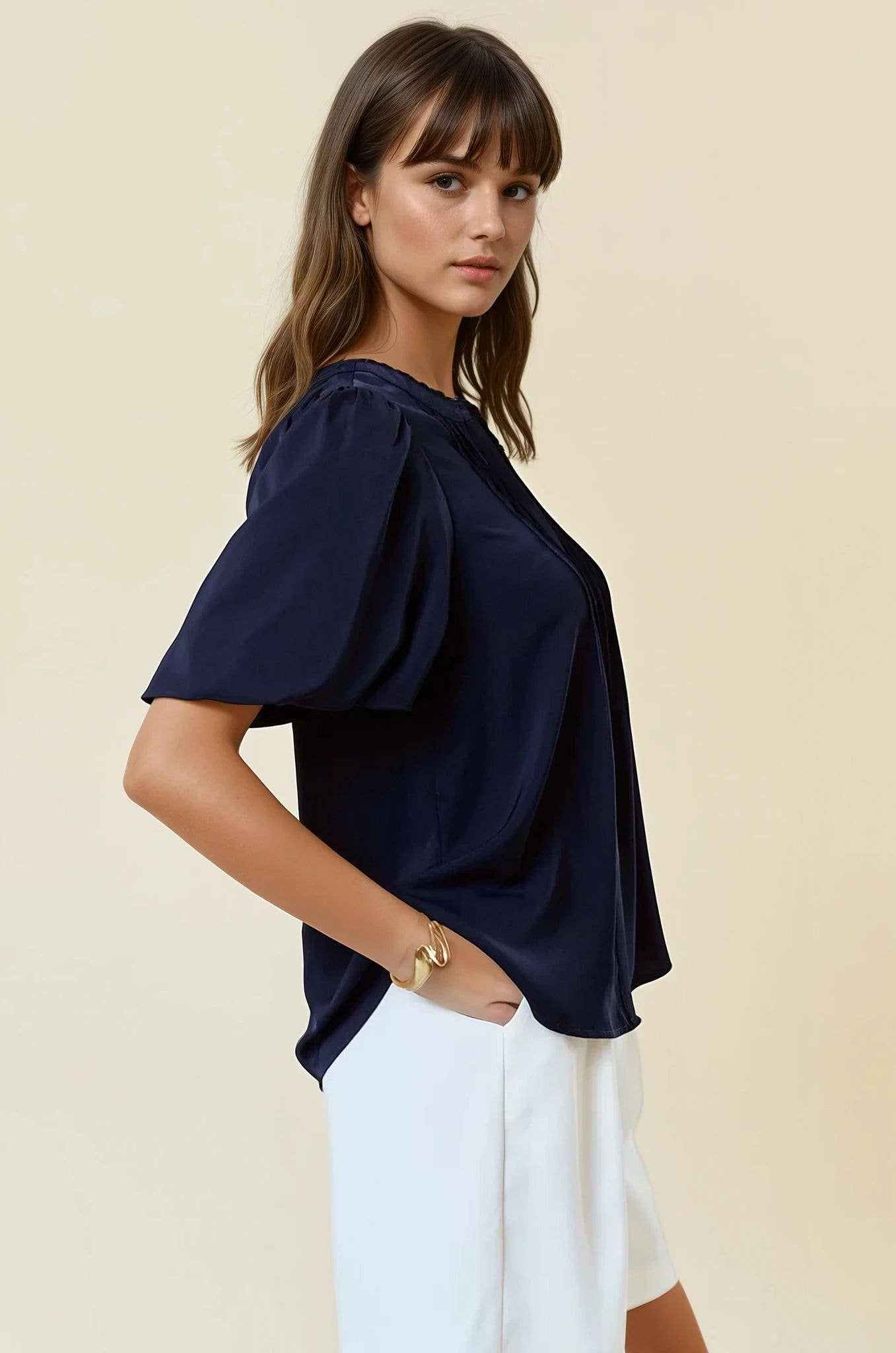 BUBBLE PINTUCK BUTTON DOWN BLOUSE