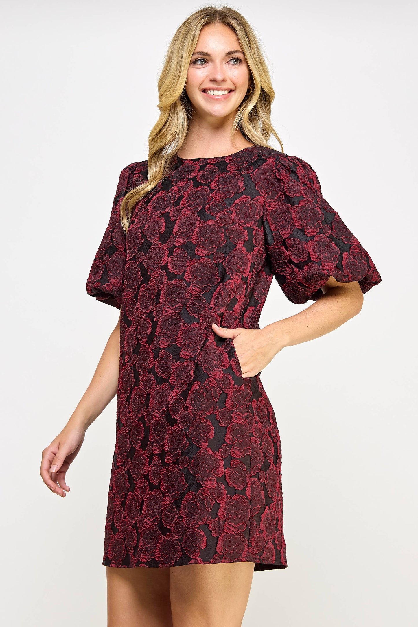 PUFF SLEEVE JACQUARD DRESS WINE